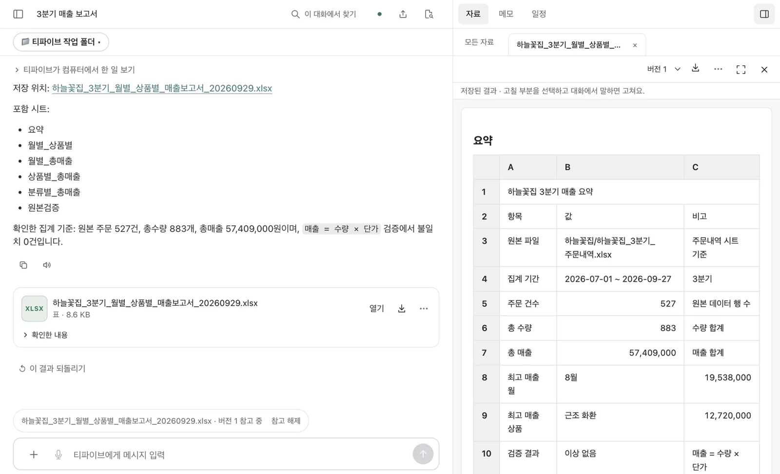 엑셀 보고서를 만든 뒤의 티파이브 화면. 왼쪽에 포함 시트와 검증 결과, 오른쪽에 요약 시트가 열려 있다.